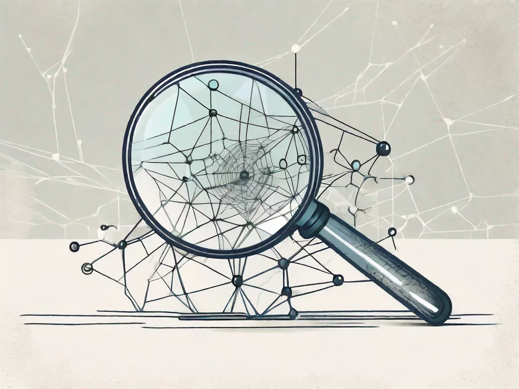 A magnifying glass examining a complex web structure
