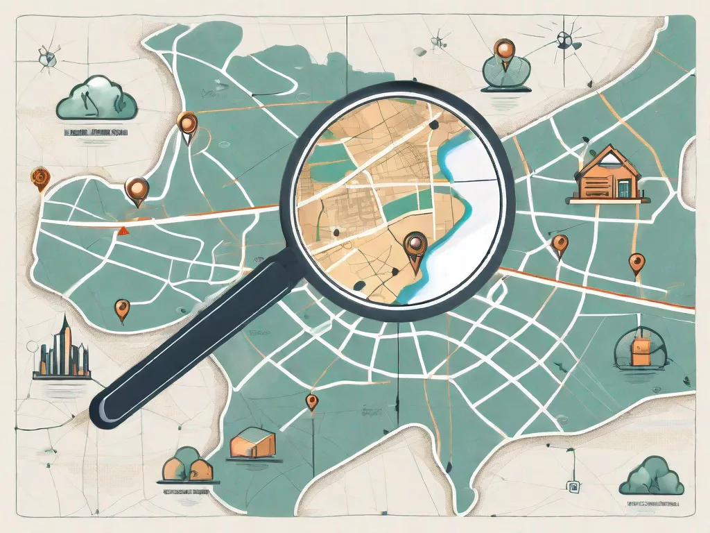 A magnifying glass hovering over a stylized map with symbolic location pins and seo-related icons
