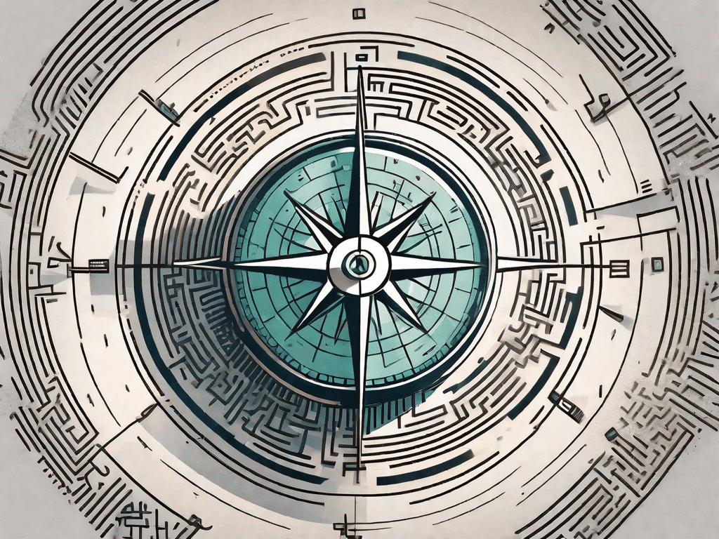 A compass navigating through a maze made of digital data