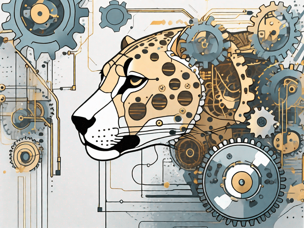 A digital interface with various interconnected gears and levers